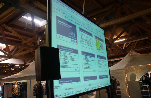 Videoprojektion Vortrag freistehende Rückprojektion und Lautsprecher auf Stativ für Vortrag Postaktion in der Messehalle Klagenfurt